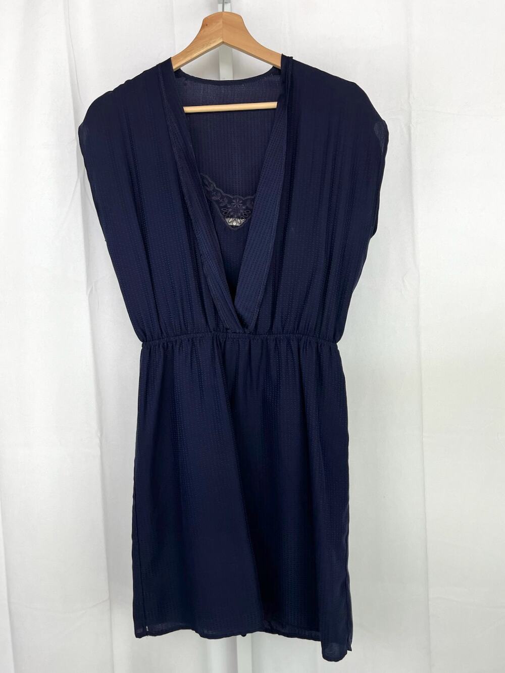 SESSUN Size XS Victorian Queen Silk Mini Dress Cap Sleeve Blouson Navy Blue
